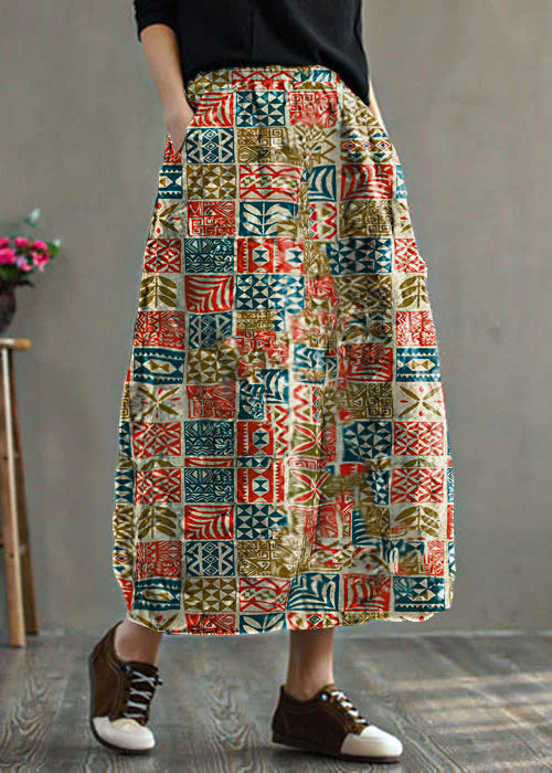 Geometry Elastic Waist Patchwork Print Fine Cotton Filled Skirt Winter