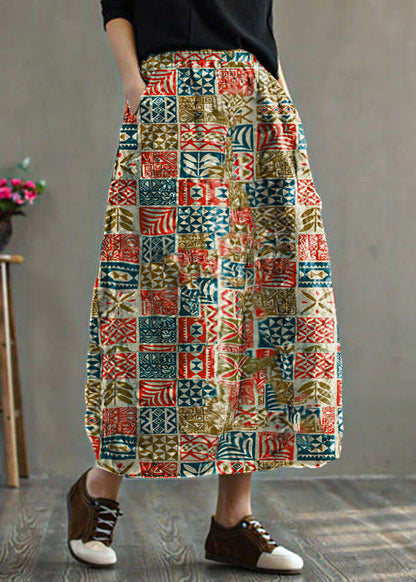 Black - Texture Elastic Waist Patchwork Print Fine Cotton Filled Skirt Winter