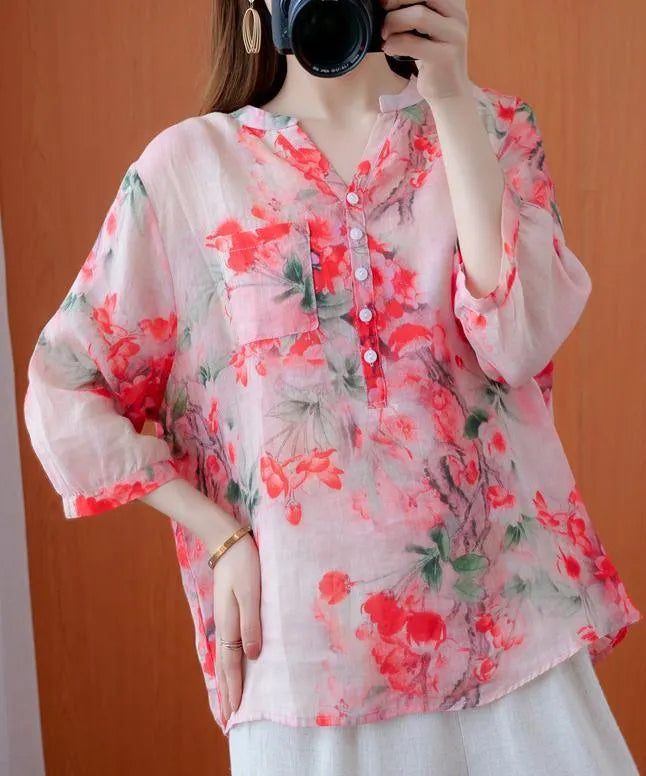 French V Neck Pockets Summer Tunic Pattern Outfits Red Print Shirts