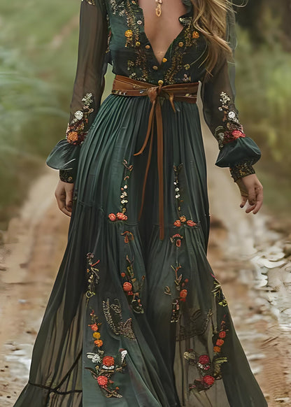 Green Peter Pan Collar Print Wrinkled Chiffon Long Dresses Spring
