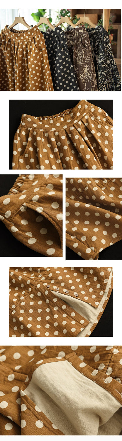 Printed Cotton and Linen Slim Elastic Waist A-line Skirt