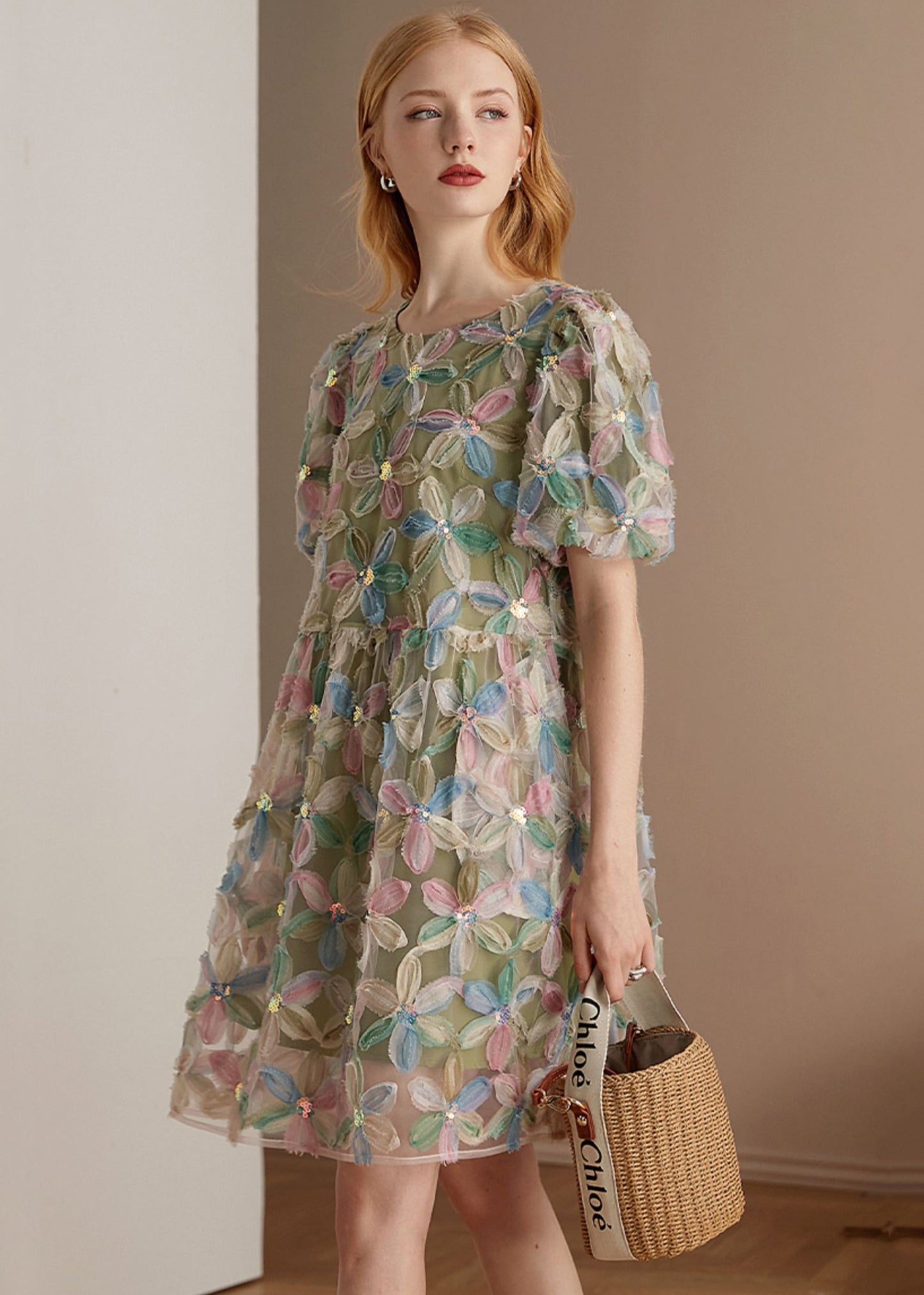 Italian Green O Neck Patchwork Tulle Mid Dresses Puff Sleeve