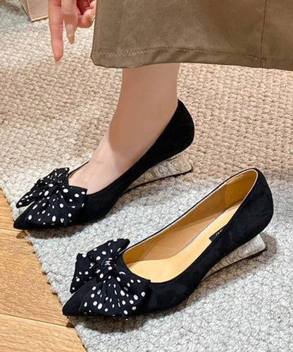 Bow Splicing Wedge Shoes Black Suede Pointed Toe