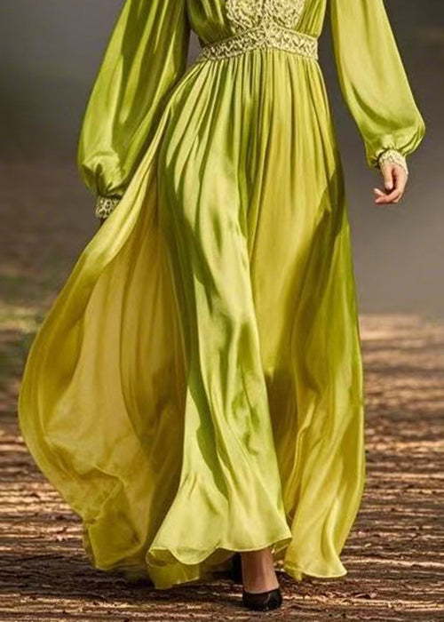 Green Wrinkled Chiffon Long Dresses V Neck Spring