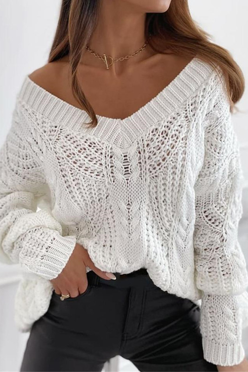 Plain V-neck Hollow Out Sweater