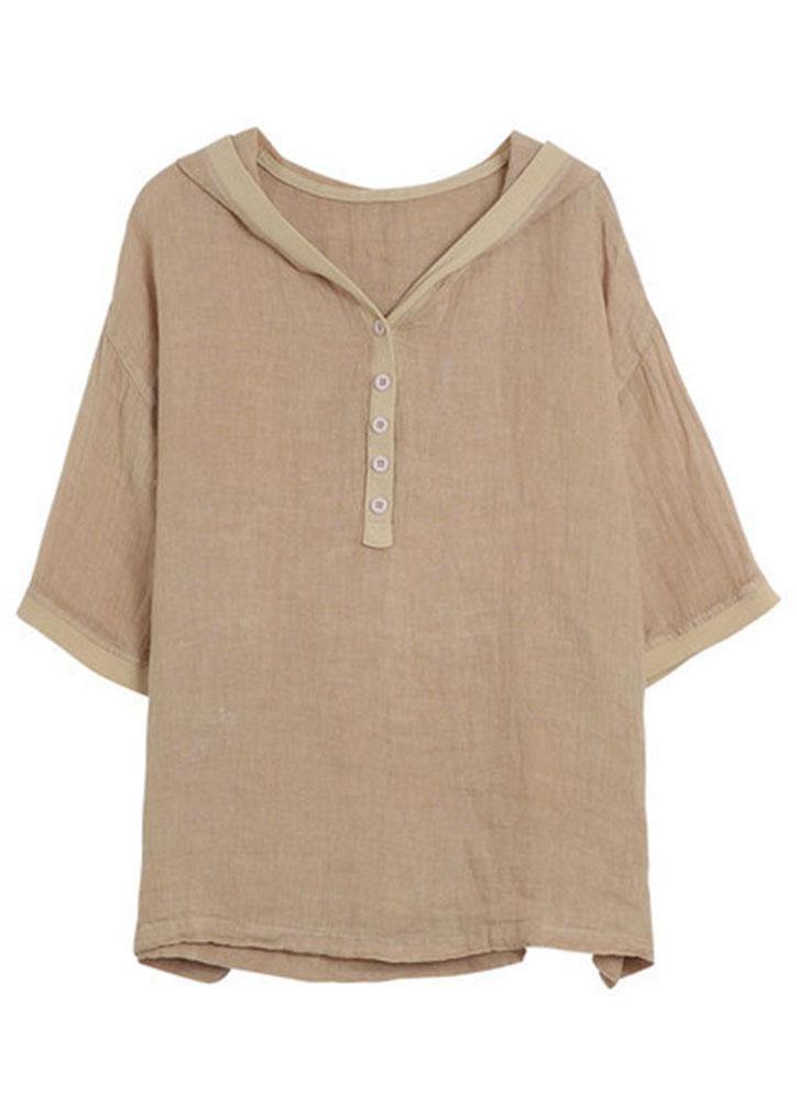 Khaki Hooded Patchwork Summer Linen Blouses