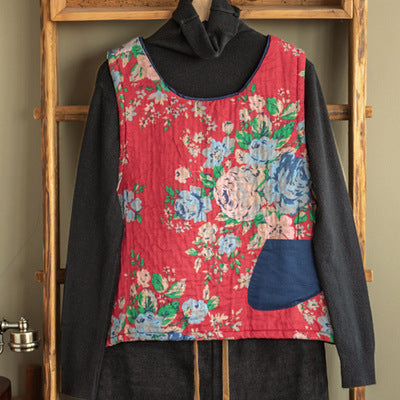 -print Cotton and Linen Quilted Vest