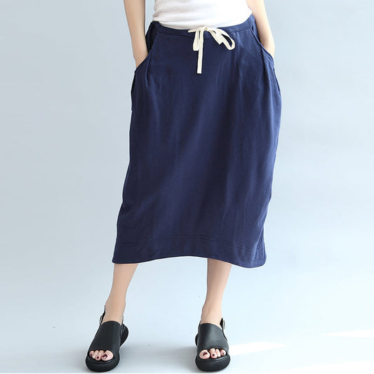 Dark Blue Knitting Cotton Skirts Elastic Waist Beach Skirts