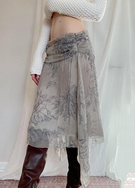 Grey Asymmetrical Print Patchwork Chiffon Skirt Summer