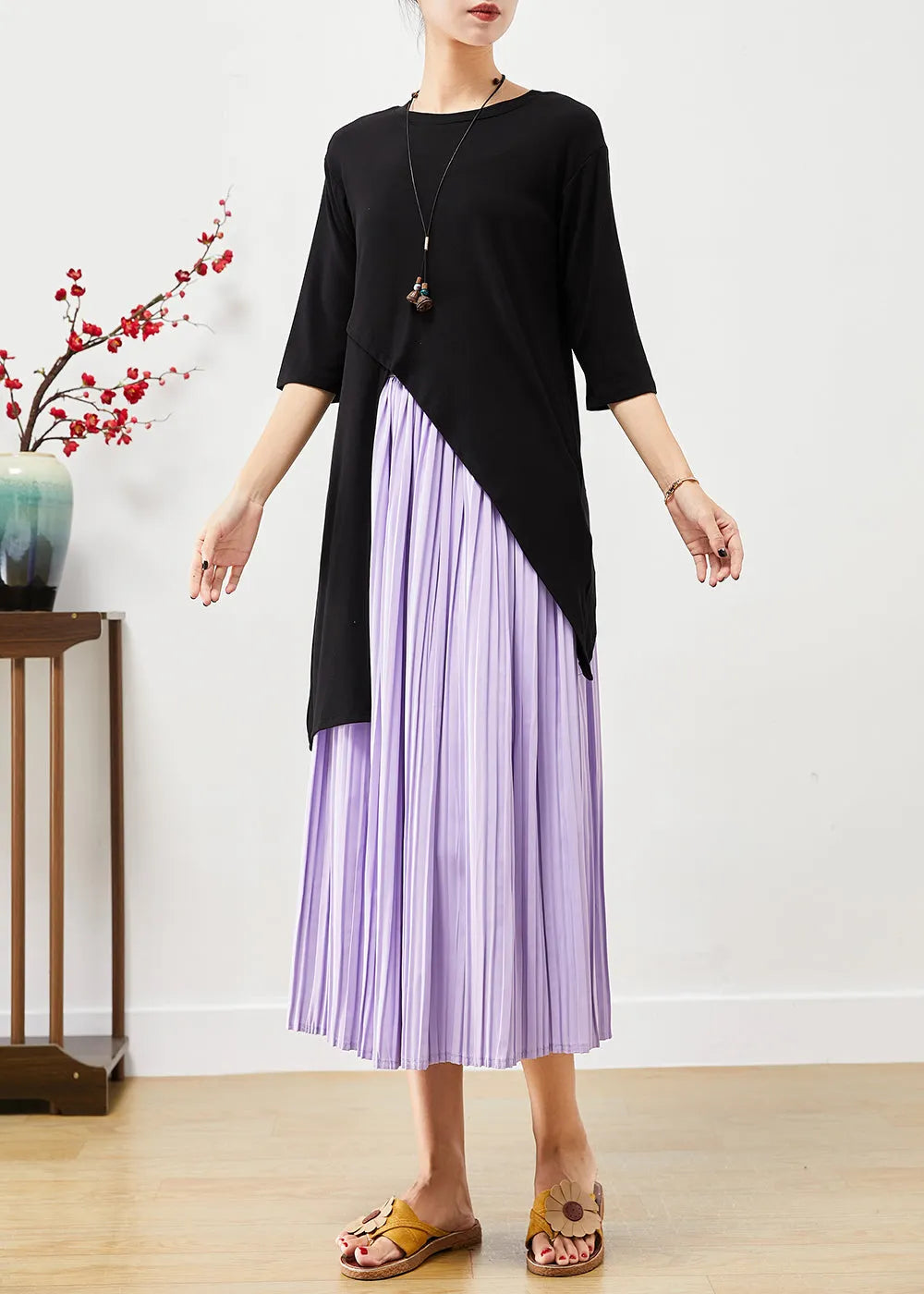 Style Asymmetrical Side Open Cotton Tops and Pleated Skirts Two Pieces Set Half Sleeve