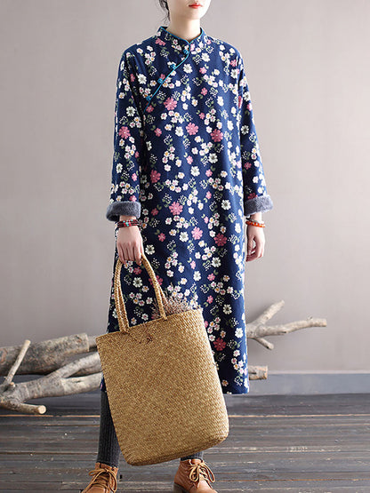Winter Chinese Style Print Frog Thick Dress