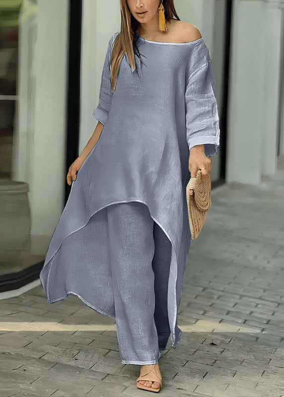 Loose Rose O-neck Asymmetrical Top and Straight Pants Two Pieces Set Summer