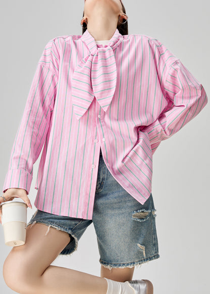 Pink Bow Striped Button Cotton Blouse Fall