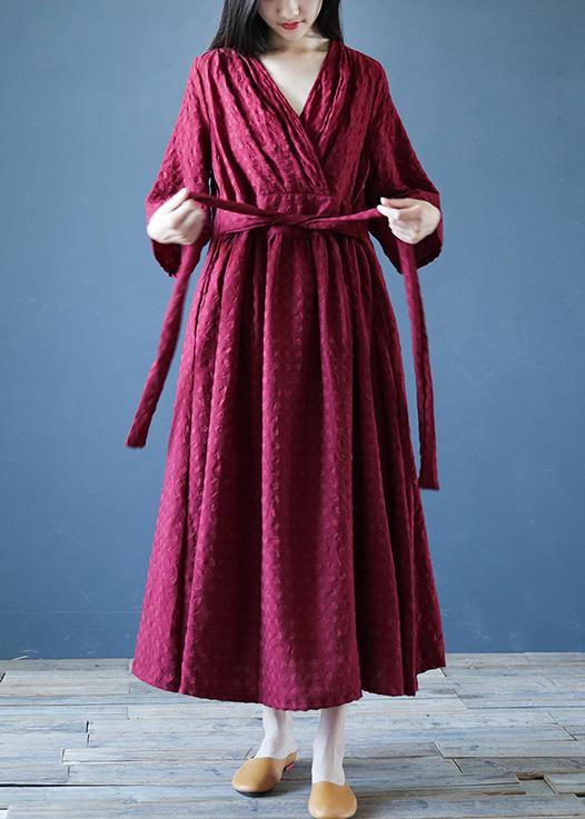 V Neck Tie Waist Linen Clothes for Runway Burgundy Dress