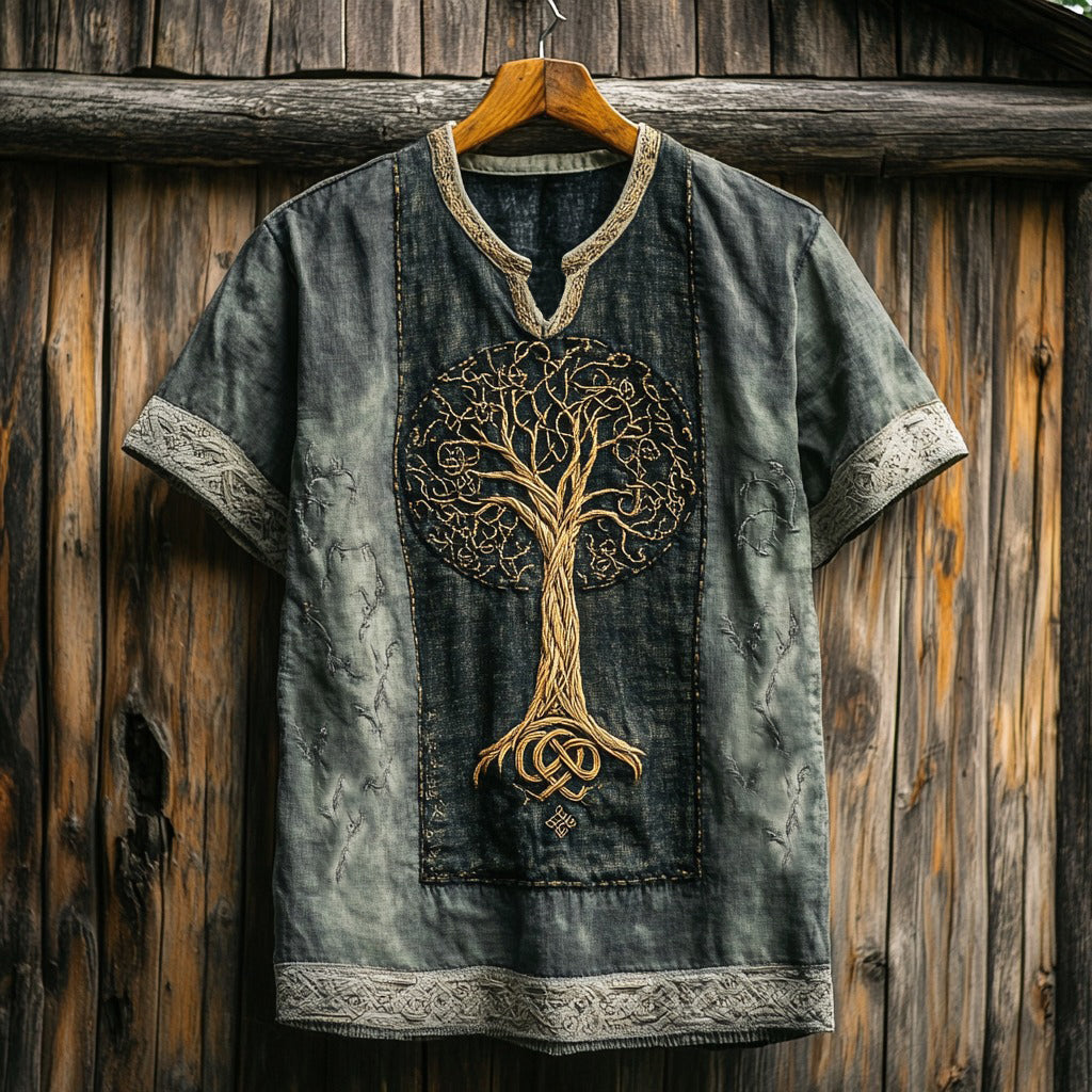 Men's Viking Tribal Tree Of Life Embroidery Art Linen T-shirt elevenforest