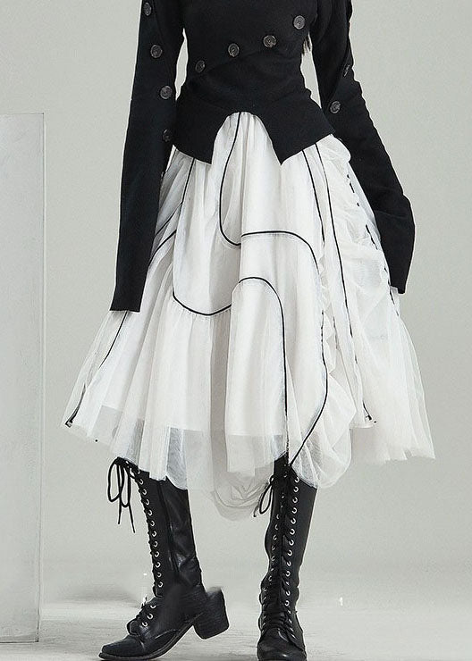 Organic White Wrinkled Asymmetrical Design Tulle Skirts Spring