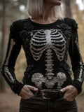 Comstylish Women's Halloween Skeleton Rose Round Neck Sweater