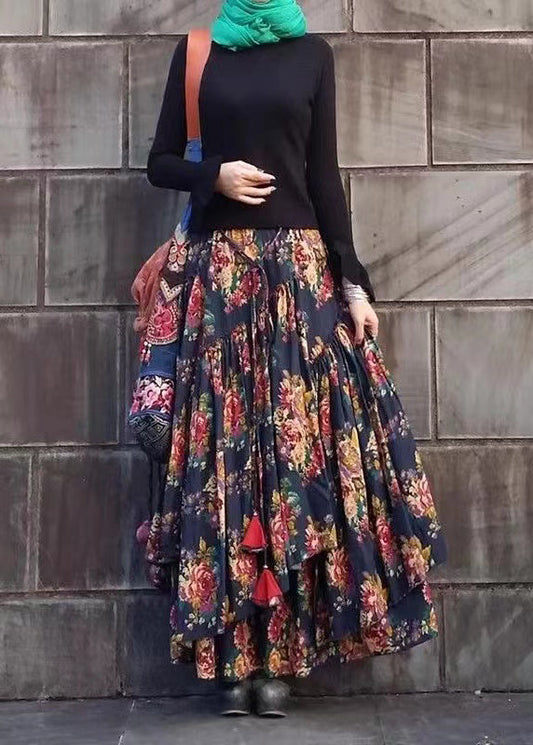 Style Printed Cotton Large Hem Asymmetrical Skirt Spring
