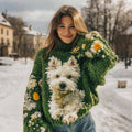 West Highland Terrier Puppy Running On Daisy Grass Jacquard Cozy Turtleneck Sweater artswardrobe