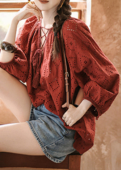 Red Tie Lace Hollow Out Tops Fall