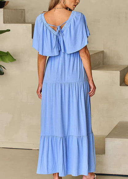 Modern Light Blue V Neck Wrinkled Long Dresses Short Sleeve