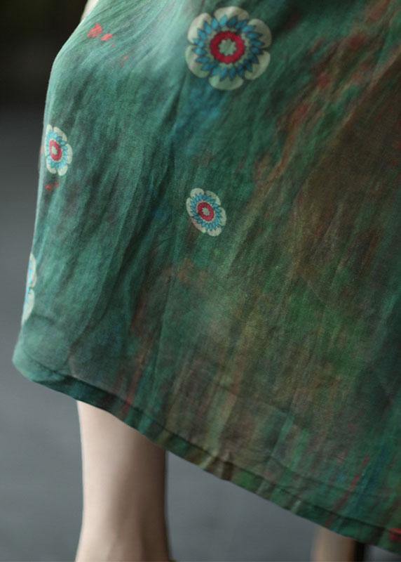 Green Texture Print Ramie Elastic Waist Skirt