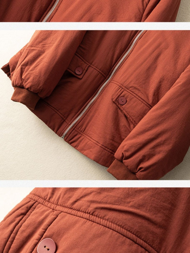 100% Natural Fabric Zipper Round Neck Long Sleeve Coat