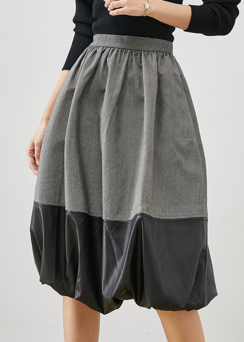 Italian Grey Faux Leather Patchwork Cotton Skirts Spring