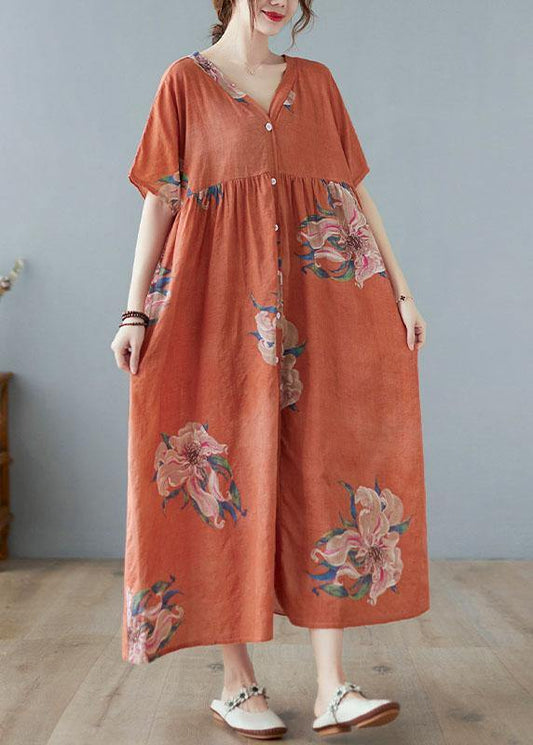 Orange Red V Neck Patchwork Summer Ankle Dress Half Sleeve