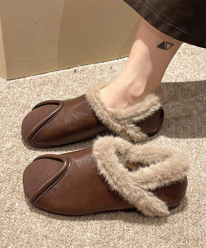 Khaki Comfy Splicing Flat Feet Shoes Fuzzy Wool Lined