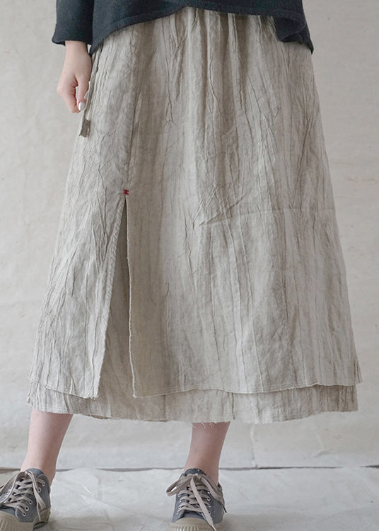 Art Beige Elastic Waist Pocket Double-deck Linen Skirts Spring