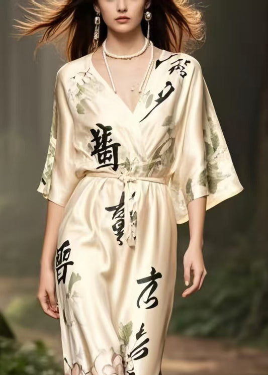 Apricot V Neck Print Draping Silk Long Dress Summer