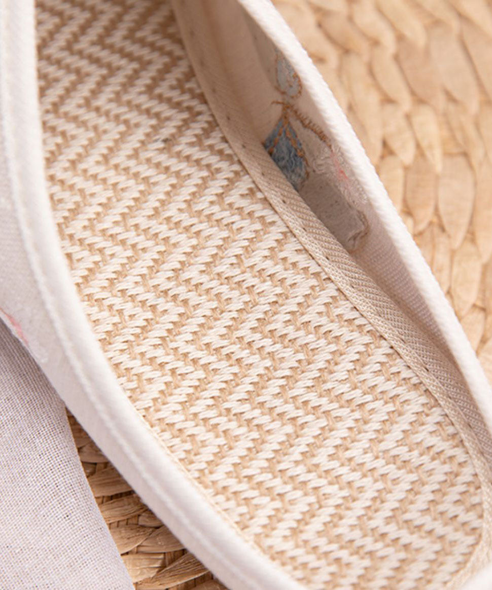 White Flat Slide Sandals Linen Fabric Embroidery Tassel