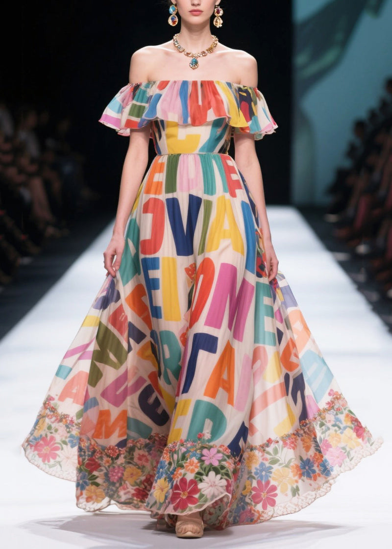 Fitted Multicolour Letter Print Exra Large Hem Chiffon Strapless Dress Summer