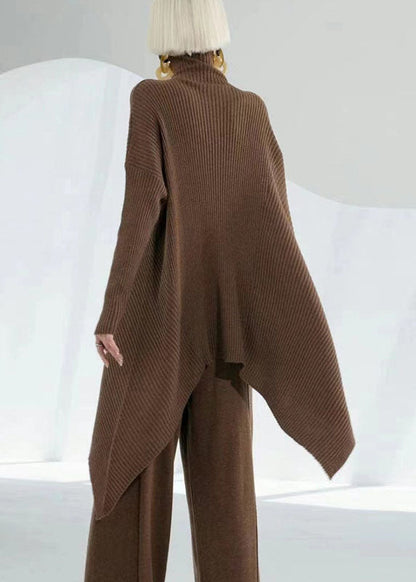 Diy Coffee Turtle Neck Asymmetrical Wool Sweater Tops Long Sleeve
