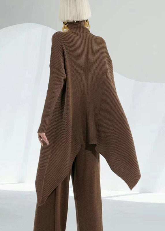 Diy Coffee Turtle Neck Asymmetrical Wool Sweater Tops Long Sleeve