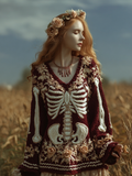 Ladies' V-neck Knitted Sweater With Halloween-themed Line Art And Botanical Floral Design. artswardrobe