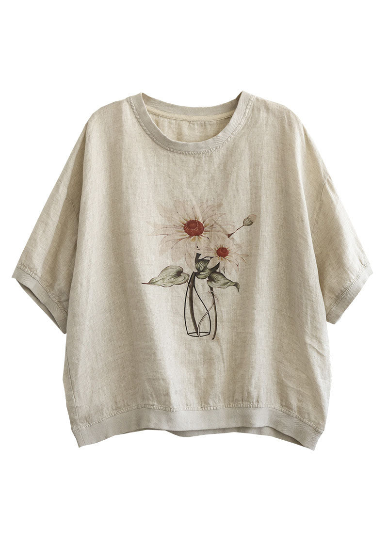 Stylish Linen Color O-neck Oversized Print Linen Tank Tops Short Sleeve