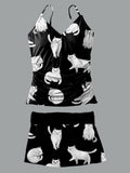 V-Neck Vintage Cat Art Print Suspender Skirt Tankini Pantskirt Set Swimsuit