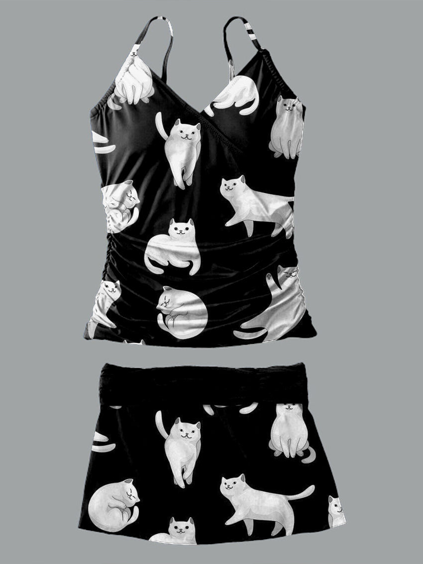 V-Neck Vintage Cat Art Print Suspender Skirt Tankini Pantskirt Set Swimsuit