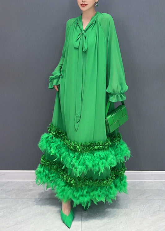 Green Bow Patchwork Tassel Chiffon Long Dresses Fall