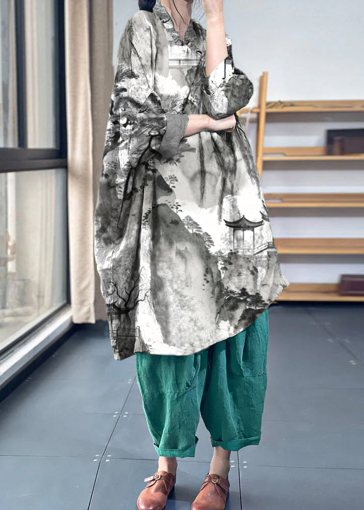 Green Oversized Print Cotton Dresses Batwing Sleeve
