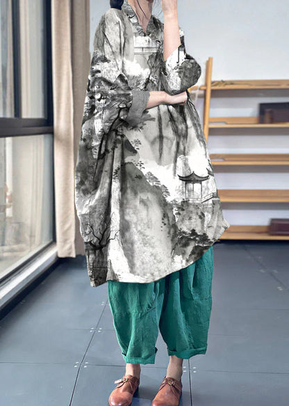 Green Oversized Print Cotton Dresses Batwing Sleeve