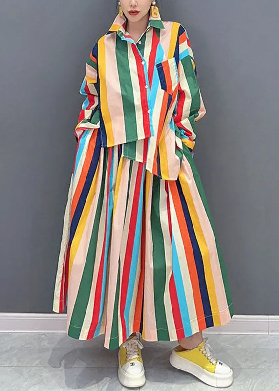 Loose Rainbow Peter Pan Collar Striped Button Shirts and Maxi Skirts Two Piece Set Long Sleeve