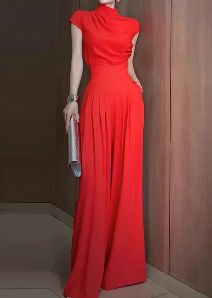 New Red Turtleneck Top and Wide Leg Pants Two Pieces Set Short Sleeve