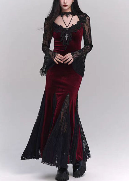 Black Hollow Out Lace Patchwork Silk Velvet Maxi Dresses Flare Sleeve