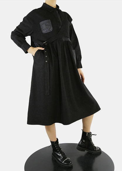 Style Black Asymmetrical Design Cinched Peter Pan Collar Denim Dress
