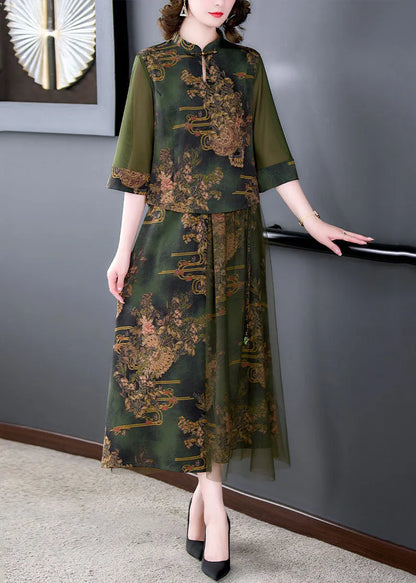 Retro Green Stand Collar Print Tops and Skirts Patchwork Silk Two Piece Set Summer