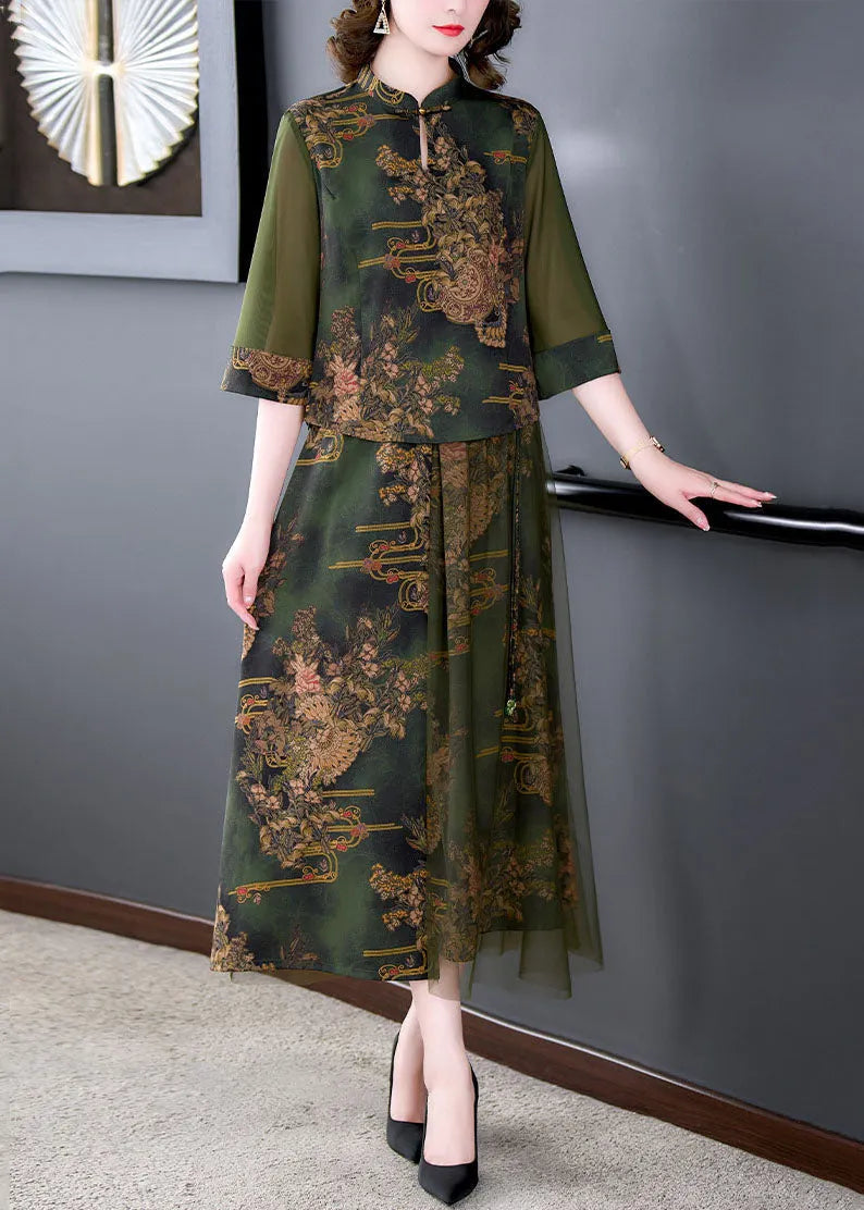 Retro Green Stand Collar Print Tops and Skirts Patchwork Silk Two Piece Set Summer