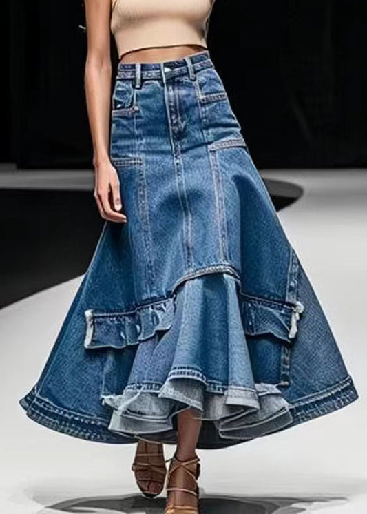 Italian Blue High Waist Patchwork Denim a Line Skirts Summer